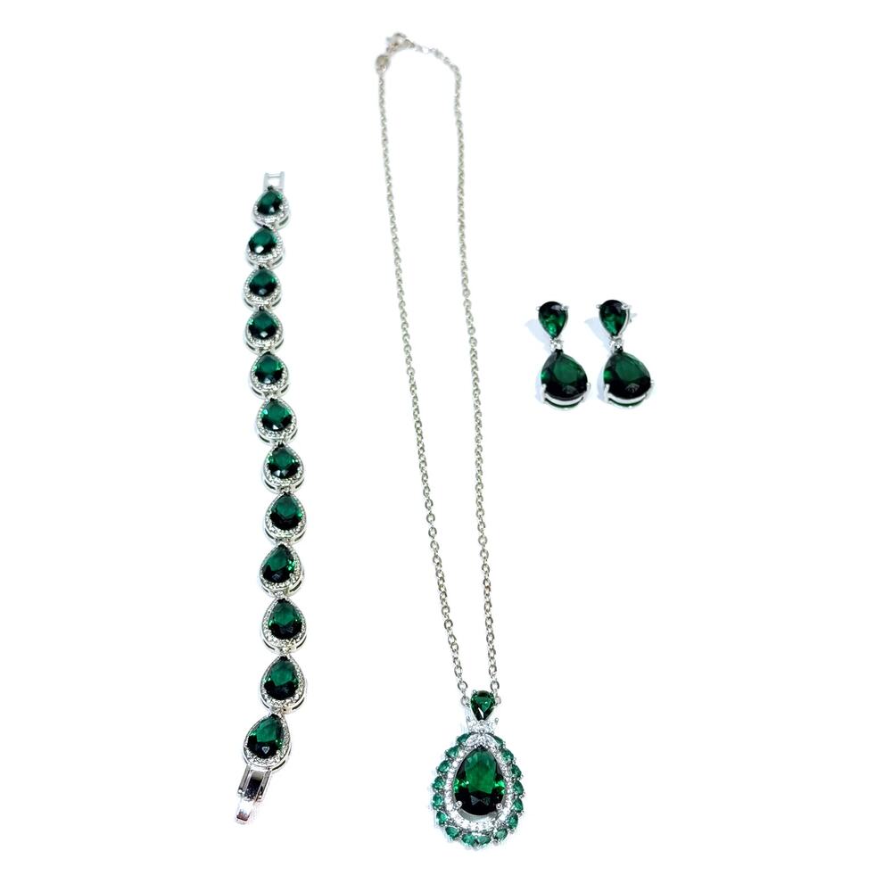 Emerald Teardrop Pear Shape Necklace Pendant, Earrings, Bracelet Set, Plated